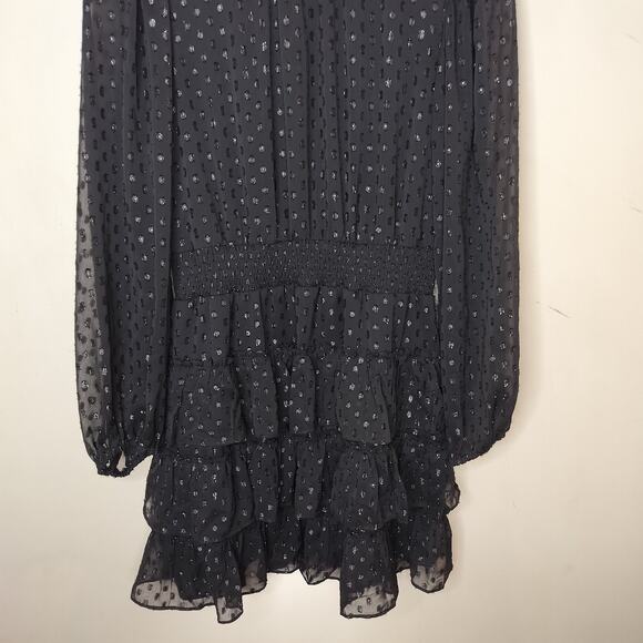 Express Black Chiffon Tiered Mini Dress Long Sheer Sleeve - Picture 4 of 13